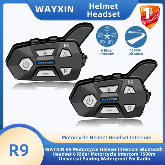 WAYXIN R9 Motorcycle Helmet Intercom Bluetooth Headset - 6 Riders, 1500m Range, Universal Pairing, Waterproof, FM Radio