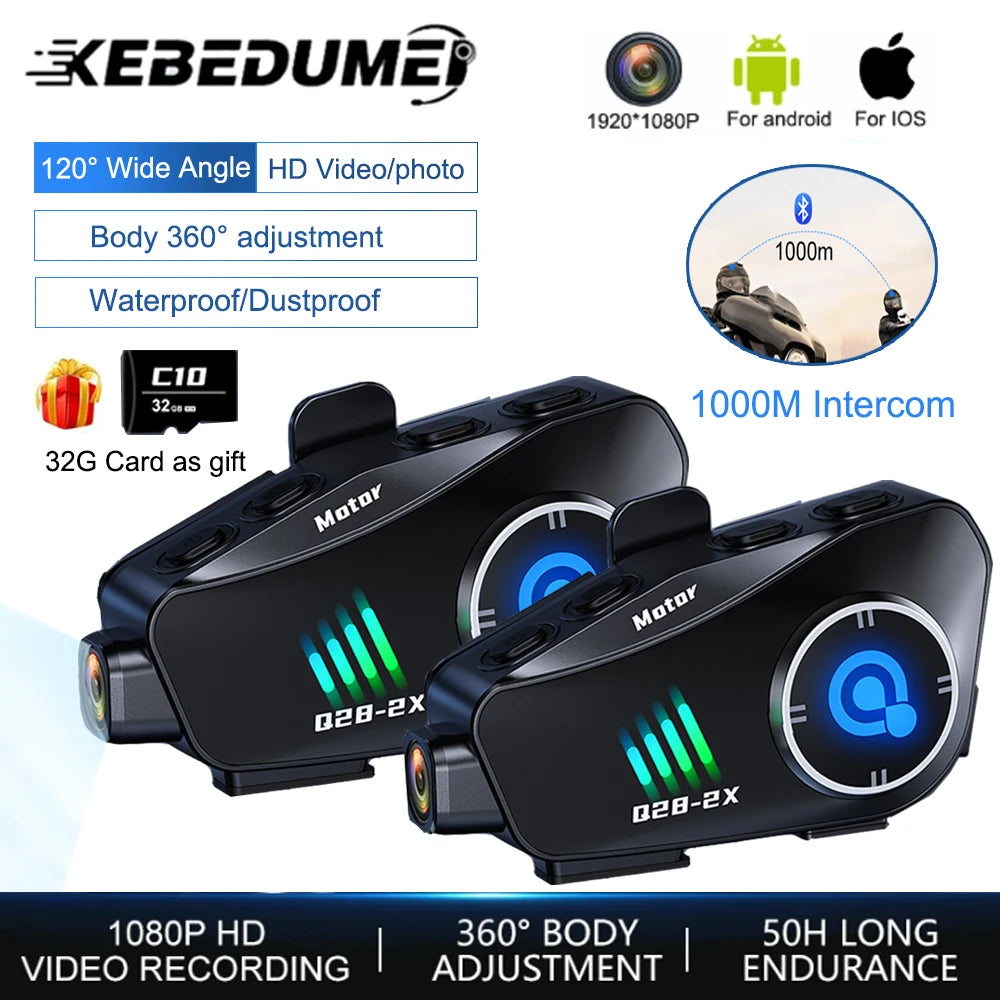 Kebidumei Bluetooth Motorcycle Intercom Helmet Headset 1000M Interphone Music Share Headphone WiFi App Dash Cam Moto Auto Dvr