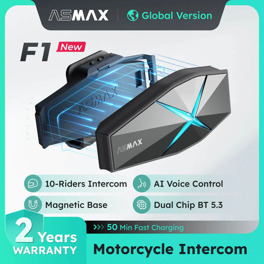 ASMAX F1 Motorcycle Helmet Headphones Mesh Intercom for 10 Riders Speak, Bluetooth 5.3 & AI Voice Control & IP67 Waterproof