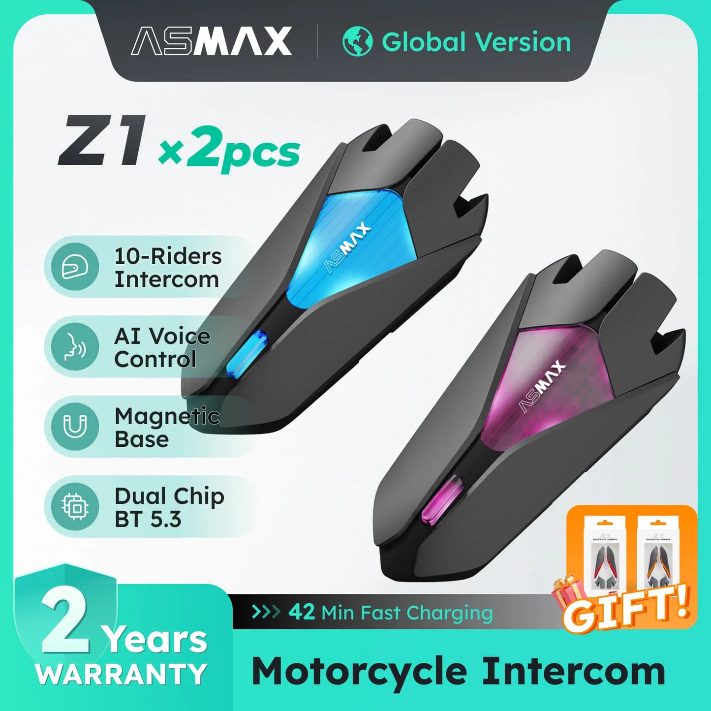 ASMAX Z1 Motorcycle Helmet Bluetooth Stereo Intercom Call Wireless Communication Interphone 10 Riders BT5.3 IP67 Waterproof