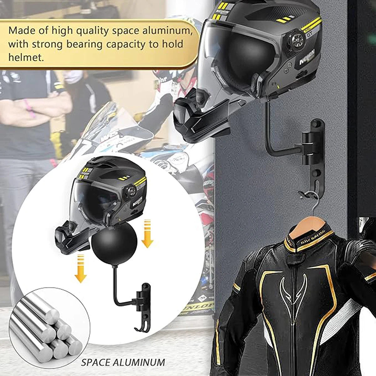 Helmet Holder Wall Mount 180°Rotation Helmet Rack With 2 Hooks Helmet Display Hanger Stand for Caps