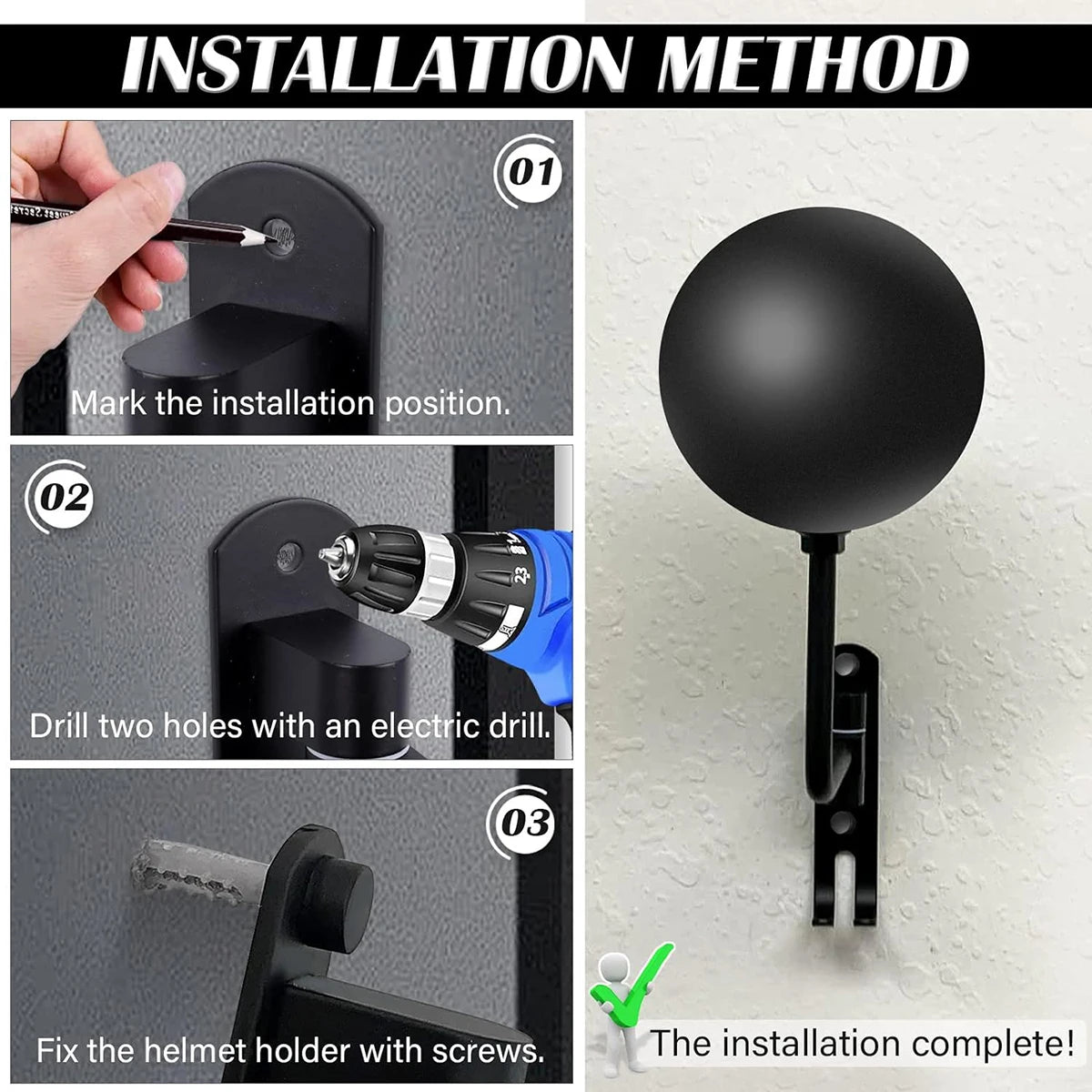 Helmet Holder Wall Mount 180°Rotation Helmet Rack With 2 Hooks Helmet Display Hanger Stand for Caps